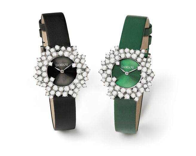 麗晶精品DAMIANI Mimosa含羞草系列18K白金鑽表，黑色與綠色太陽紋表盤款，推薦價85萬元。（麗晶精品提供）