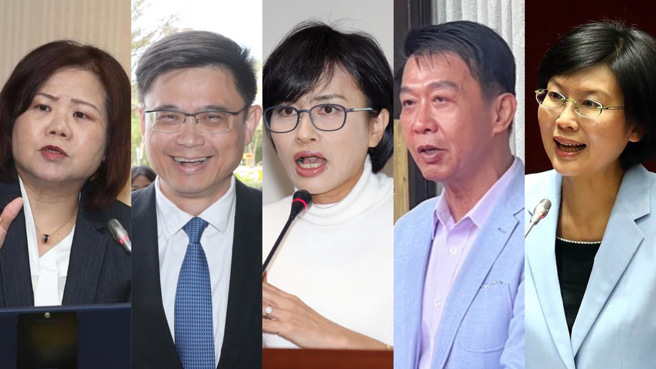 民進黨高雄市長初選5搶1，可能人選分別為左起前勞動部長許銘春、賴瑞隆、邱議瑩、許智傑、林岱樺，競爭激烈。（中時資料照合成）