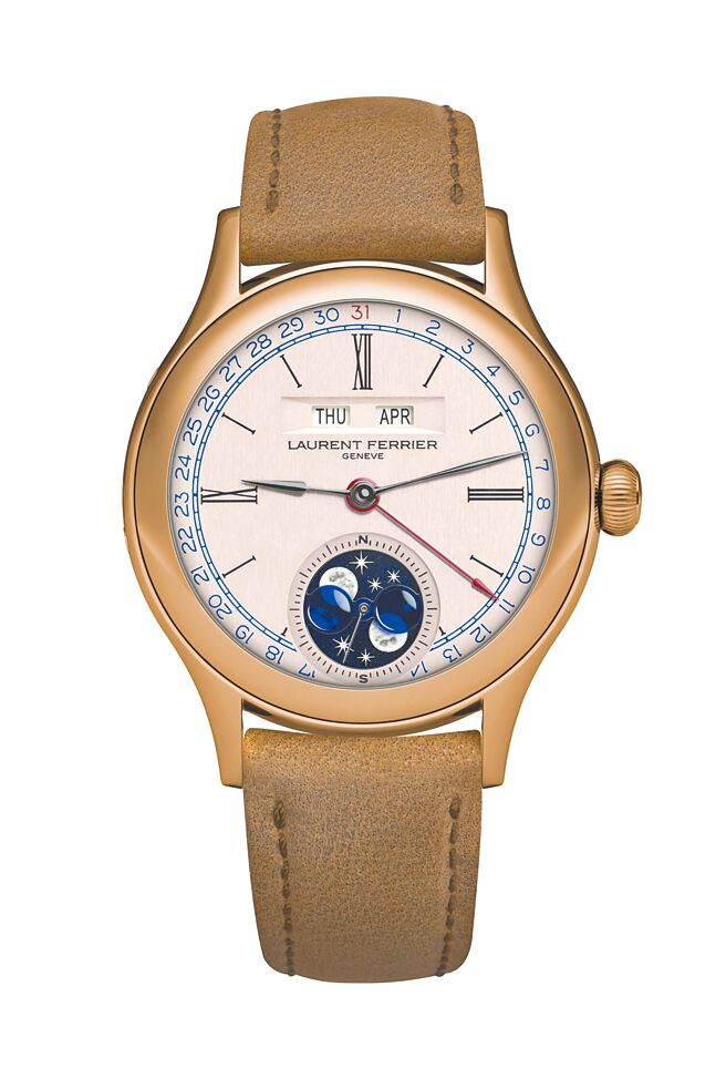 拿下今年日内瓦钟表大赏的Laurent Ferrier Classic Moon月相年历表玫瑰金款，344万5000元。（瑞博品提供）