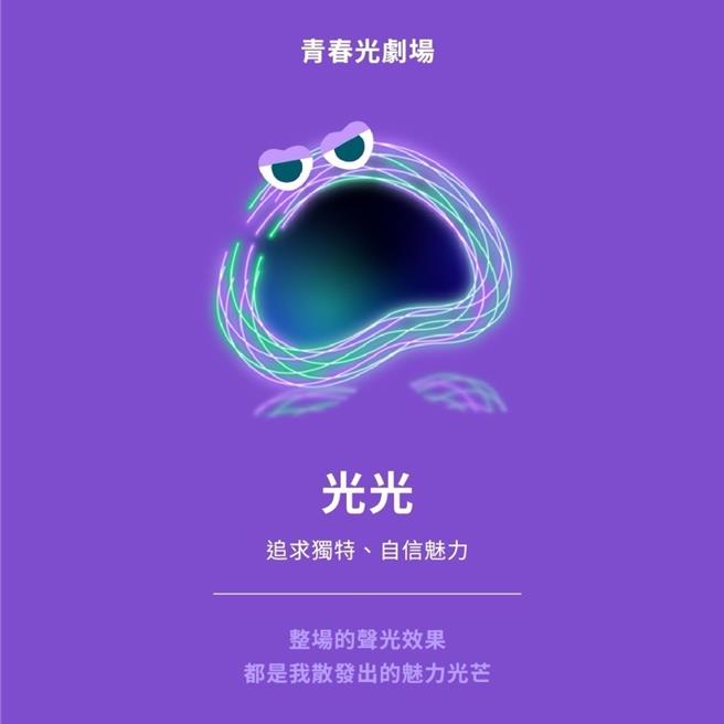 吉祥物光光：自信且追求独特，象徵灯光艺术与剧场表演的完美融合，邀请游客进入青春光剧场，共享灯光故事的精彩。（桃园市观旅局提供）