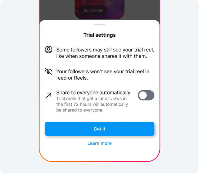 自动选项会设定在72小时后将「Trail Reel」转为一般REELS。（图片来源/Meta）