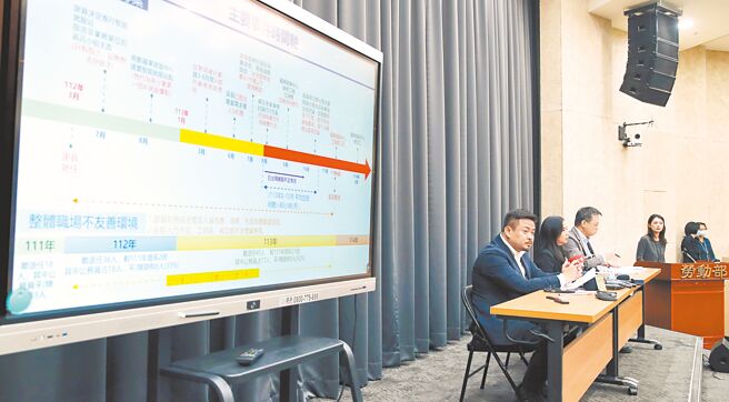 劳发署北分署霸凌案，劳动部长洪申翰（左一）11日说明重启行政调查结果，认定谢宜容不当管理及不合理业务要求已构成职场霸凌。（资料照／黄世麒摄）