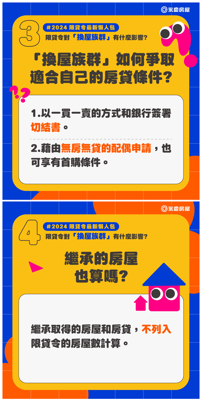 永庆懒人包分析，限贷令对「换屋族群」有什么影响。针对继承取得的房屋和房贷，不列入限贷令房屋数计算。(图/永庆房屋提供)