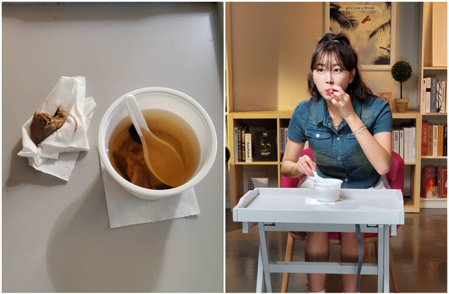 韩籍啦啦队女神安芝儇第一次喝蛇肉汤，感觉很新奇。（陈珈萤 摄）