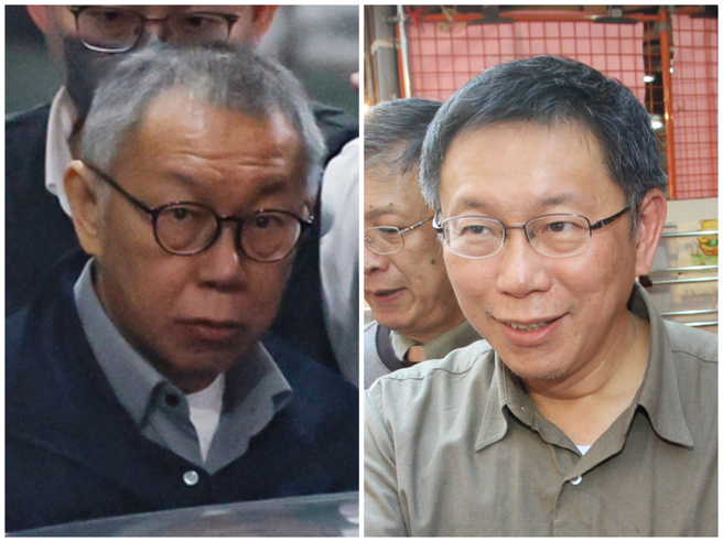 图为民眾党主席柯文哲11日提讯时被拍到一头白髮（左），与2014年1月他在迪化街发春联（右）的模样对比大不相同。（中时资料照合成，姚志平、郭吉铨摄）