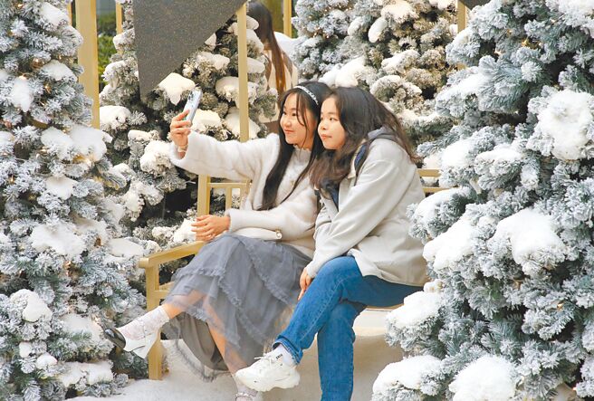 受到東北季風持續影響，北部、東北部及外島地區13日起愈晚愈冷，部分空曠區域有機會下探10度以下，在台北市街頭民眾穿上大衣和店家設置應景的耶誕雪景拍照留念。（趙雙傑攝）