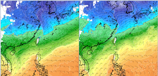 左图：最新（14日20时）欧洲模式（ECMWF）22日8时模拟图显示，强冷空气南下，其强度调强，850百帕零度线（红线）触及北部陆地。右图：最新美国模式（GFS）22日8时模拟图则显示，冷空气强度调弱，850百帕零度线，在北部海面。（翻摄自泄天机教室）

