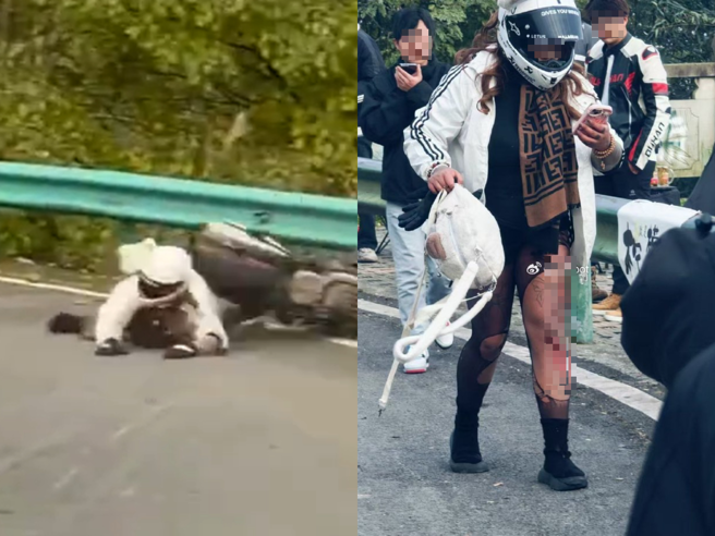 女子下半身仅穿黑丝搭配短裤，骑车过弯时压车失败，整个人在地面滑行磨地。（翻摄自微博）