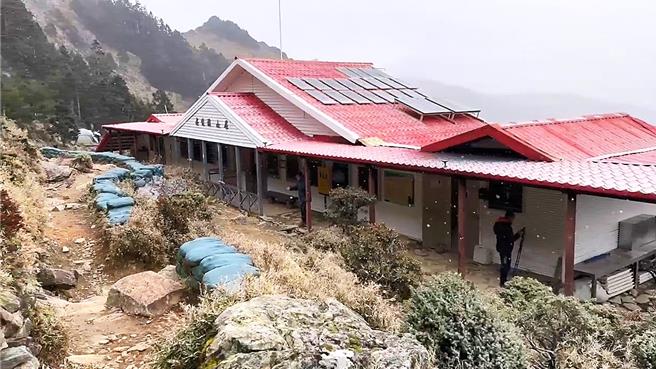 片片银白雪花飘降，树梢枝头挂满薄雪，宛如披上一层柔美白纱。（山友提供／萧嘉蕙台东传真）