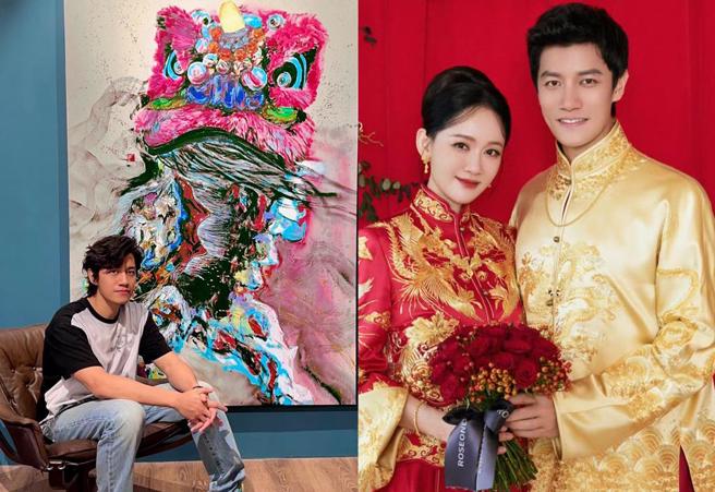 陈乔恩老公曾伟昌与水墨画作品《粉红狮》。 （卫山拍卖提供、摘自微博）