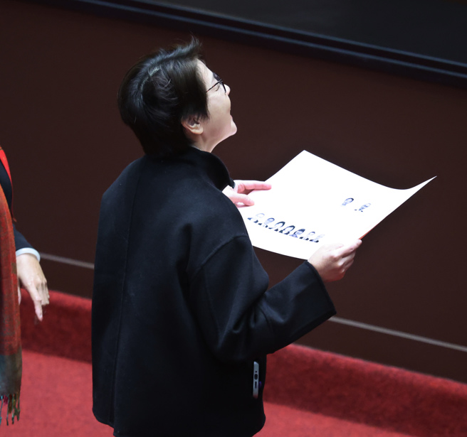 立法院17日院會行使考試院長、副院長、考試委員同意權投票，立委黃珊珊發現自己蓋錯章，抬頭詢問院長怎麼辦。（姚志平攝）