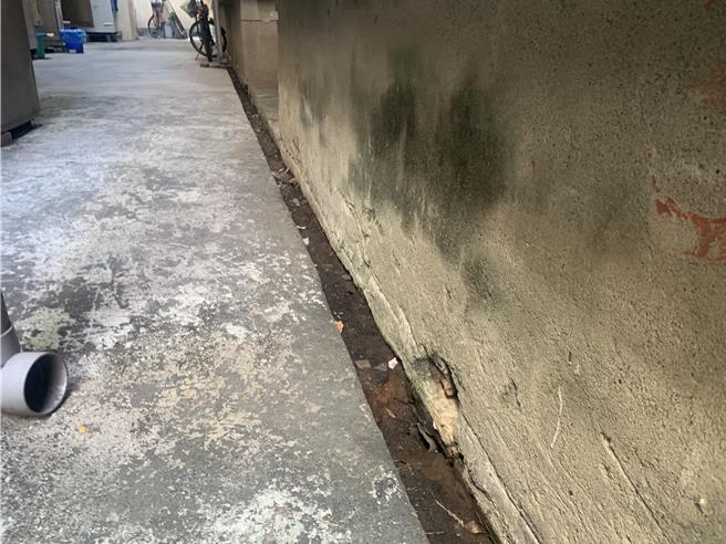 九龙斋楼下废弃市场的水沟留下污流过的黑色杂质。（郭良杰摄）