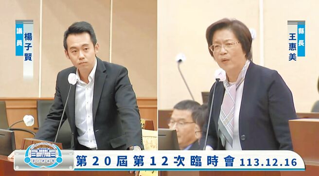 彰化縣議員楊子賢質詢彰化大巨蛋，認為縣長王惠美是「情緒勒索」，王惠美則反問楊是否反對彰化的建設，雙方火藥味十足。（楊子賢提供／葉靜美彰化傳真）