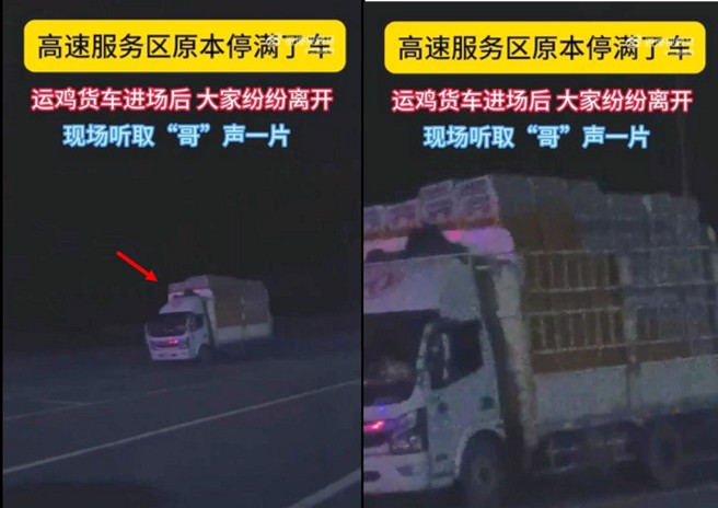 高速公路服务区内，一辆货车驶入，让原本一位难求变成全场清空。（图／翻摄微博）