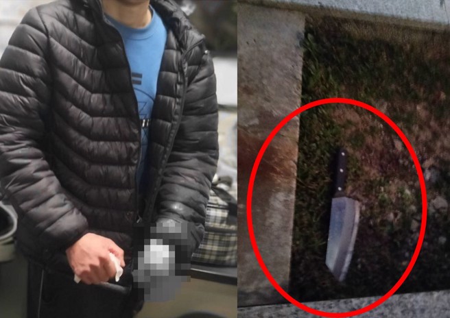卓男伤势，现场查扣菜刀。（翻摄画面）
