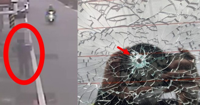 陳姓男子看到車子玻璃上有彈孔，急忙報警，沒想到竟然是自己玩彈弓造成。（翻攝畫面）