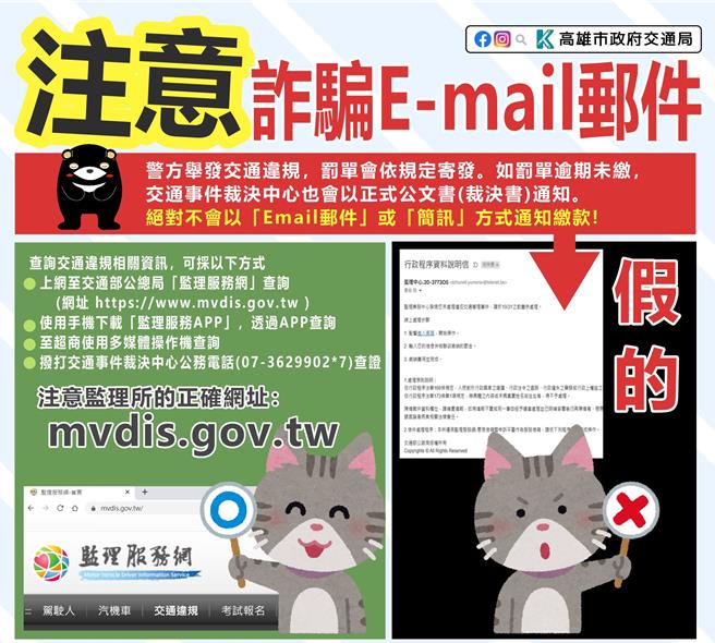 交通局指出，若民眾有交通违规，警方举发时会依规定，寄发书面的交通违规罚单，并不会以E-mail或简讯的方式通知。（交通局提供／纪爰高雄传真）