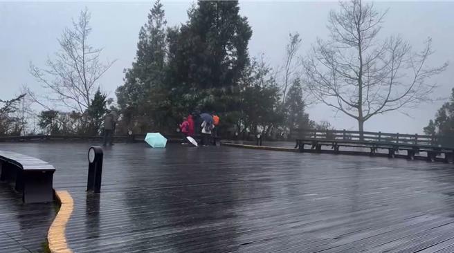 宜兰县太平山国家森林游乐区今日下午2时许，翠峰山屋和太平山庄温度再次来到约1度，水气充足，现场下起1个小时左右的冰霰。（林业及自然保育署宜兰分署提供／吴佩蓉宜兰传真）