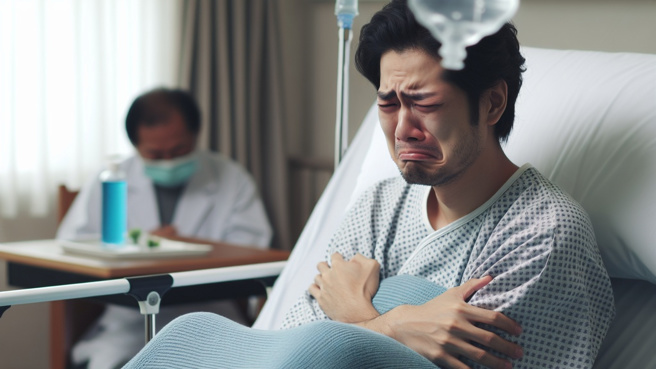 桃园一名男子在疗养院住院睡觉时，遭隔壁病友手持电话卡拨弄生殖器，让他当场吓坏。（示意图、与本案无关／AI生成）