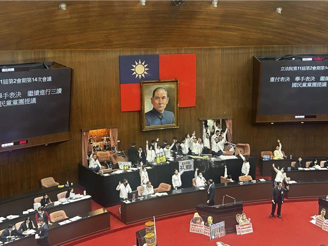 立法院会20日朝野爆发多波攻防。首案就处理《选罢法》，经过多轮举手表决后，最终蓝白联手三读通过第76条，未来提议人、连署人皆需应附本人之国民身分证正反面影本。（陈薏云摄）