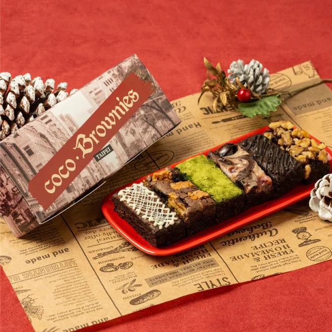 迎接聖誕節，「可可布朗」推出「布朗尼爺爺的聖誕禮物」限定禮盒，最大的亮點為6款口味都是迷你尺寸，美味對身體負擔少。(coco.Brownies可可布朗提供)