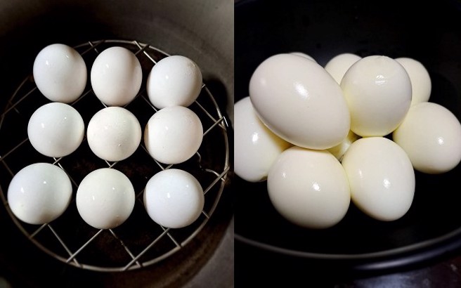 女网友分享用电锅蒸水煮蛋的方法，煮完后拿出来泡冷水降温，在水龙头底下边冲水边剥，蛋壳一下就脱落。（图／网友授权提供）