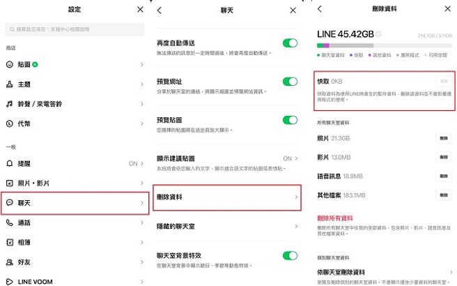 LINE应用程式所占的手机空间，可以透过删除快取来清除。（手机截图）
