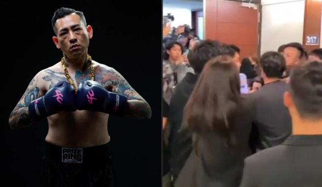 蹦板（左）友人攻击统神，统神老婆003随即报警，警方到场介入。（图／蹦板脸书、翻摄Dcard）