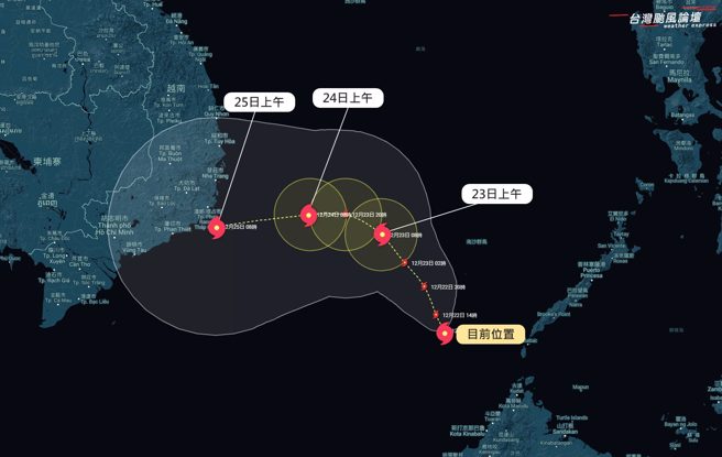 明天帕布颱風中高層水氣會隨氣流通過台灣，濕冷更明顯，中、南部地區會很有感。（翻攝自台灣颱風論壇｜天氣特急臉書）