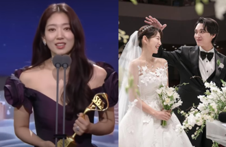 朴信惠罕露性感深V現身典禮 奪大獎淚謝尪：感謝你總為我應援