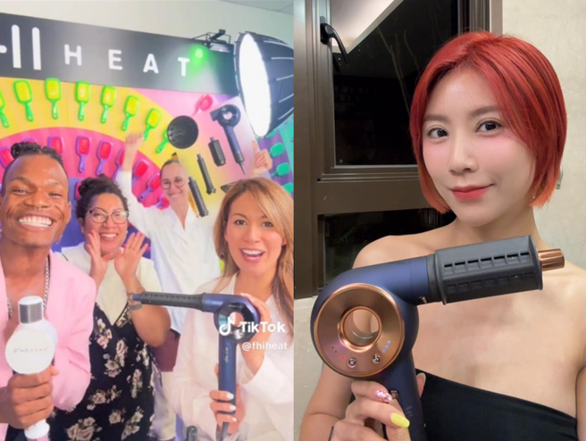 美国的专业美髮品牌FHI HEAT也主动找上门，代理销售这一款台湾傲人的创新产品（左图）；amity魔术吹风机结合吹风机、卷髮棒，夹板等数种美髮工具，无论是日常外出还是重要场合，都能轻松携带，打造出惊艷造型，受到网红妖娇爱不释手（右图）。（业者提供）