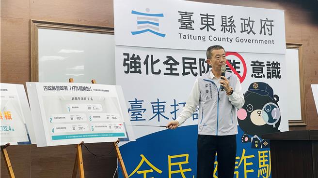 台东县警察局长梁东山简报打诈仪表板数据。（萧嘉蕙摄）