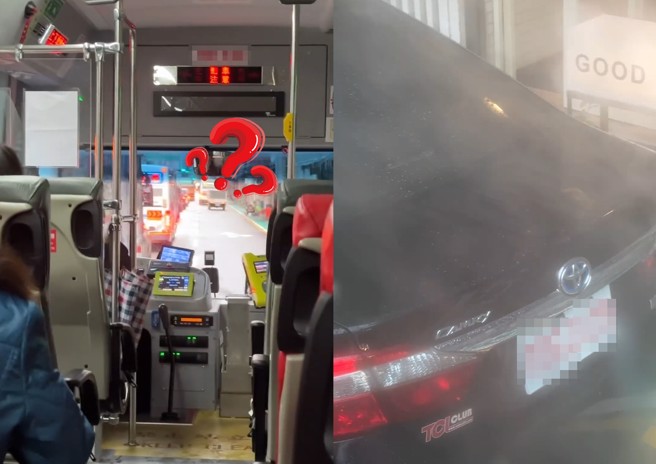 公车前方没有车，司机不断按喇叭，原来是遭到违停的多元计程车阻挡通路。（图／翻摄爆料公社）