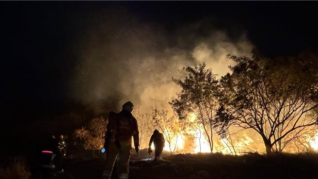 金門金湖鎮陽明湖旁的一處林地今日下午不明原因起火。（于家麒攝）