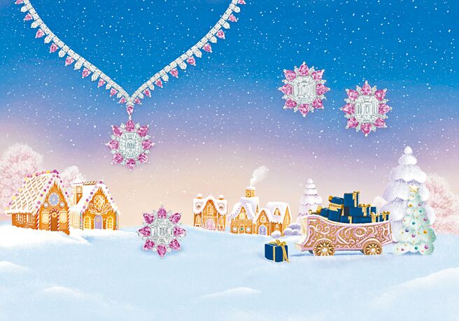 海瑞温斯顿718 Marble Marquetry珠宝，在姜饼小屋的衬托下更添欢乐氛围。（Harry Winston提供）