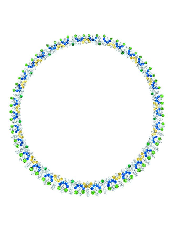 海瑞温斯顿全新New York系列Manhattan Adornment祖母绿、沙弗莱石、黄钻、蓝宝石与钻石项炼。（Harry Winston提供）