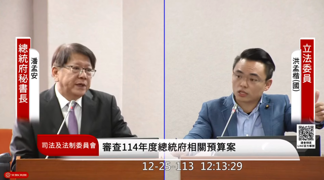 总统府秘书长潘孟安25日赴立法院司法及法制委员会备询。（截自中时新闻网直播）