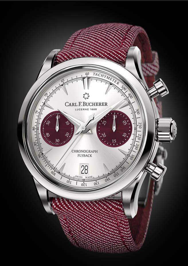 2024年12月25日 台北市／圖06：寶齊萊Manero銀盤紅圈飛返計時碼錶，採用CFB 1970自動上鏈機芯，售價22萬元。（寶齊萊提供／黃唯淯台北傳真）