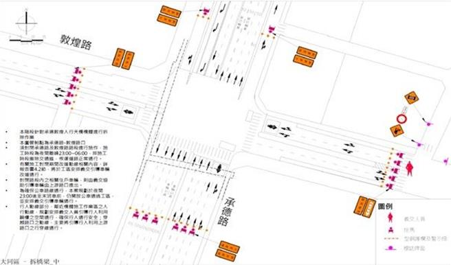 承德敦煌人行天桥拆除，届时将管制承德路3段、敦煌路交通，图为桥体拆除作业交通维持步设平面图。（北市新工处提供）