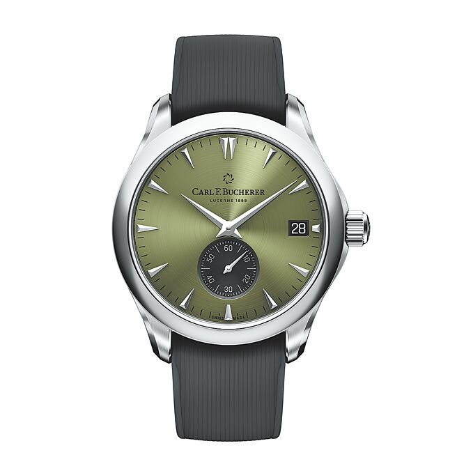 宝齐莱Manero绿面缘动力腕表，採用自制CFB A250机芯，24万5000元。（宝齐莱提供）