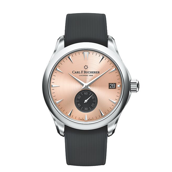 宝齐莱Manero鲑鱼面缘动力腕表，採用自制CFB A250机芯，24万5000元。（宝齐莱提供）