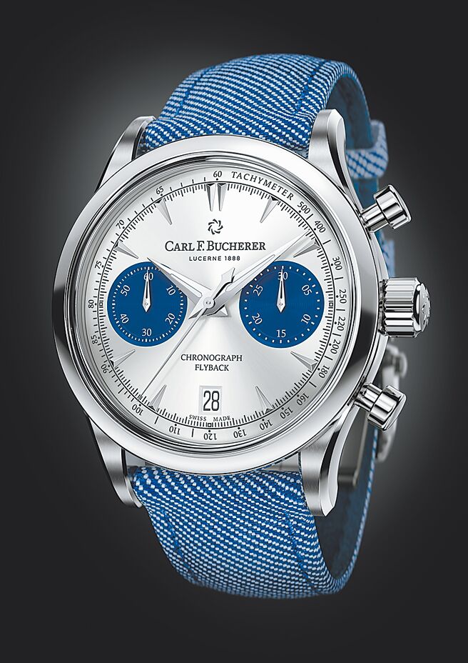 宝齐莱Manero银盘蓝圈飞返计时码表，採用CFB 1970自动上链机芯，22万元。（宝齐莱提供）