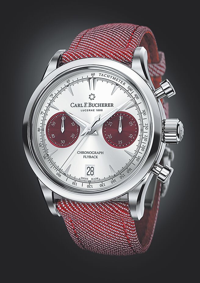 宝齐莱Manero银盘红圈飞返计时码表，採用CFB 1970自动上链机芯，22万元。（宝齐莱提供）