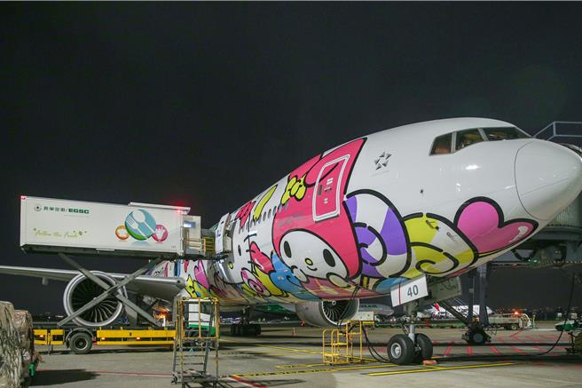 长荣航空携手三丽鸥公司推出的Hello Kitty彩绘机系列迎来全新压轴作品—「糖果机」，于2024年12月26日晚间11点30分正式首航巴黎！缤纷的机身彩绘结合三丽鸥明星与糖果世界，为台湾与欧洲的天空增添甜蜜色彩。本次彩绘机推出后，将以台北至巴黎航线为主，让旅客在旅途中享受前所未有的欢乐与惊喜。 （陈麒全摄）