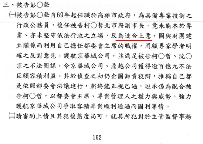 根据起诉书资料第162页，检方使用「反为迎合上意」为彭振声「表达内心状态」。（图 / 翻摄自柯案起诉书新闻资料）