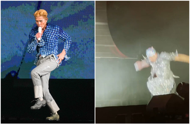 郭富城27日首场台北小巨蛋演唱会，他跳完舞倒退走时，不小心踏空跌落舞台。（图／罗永铭摄、读者提供）