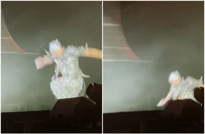 郭富城27日首场台北小巨蛋演唱会，他跳完舞倒退走时，不小心踏空跌落舞台。（读者提供）