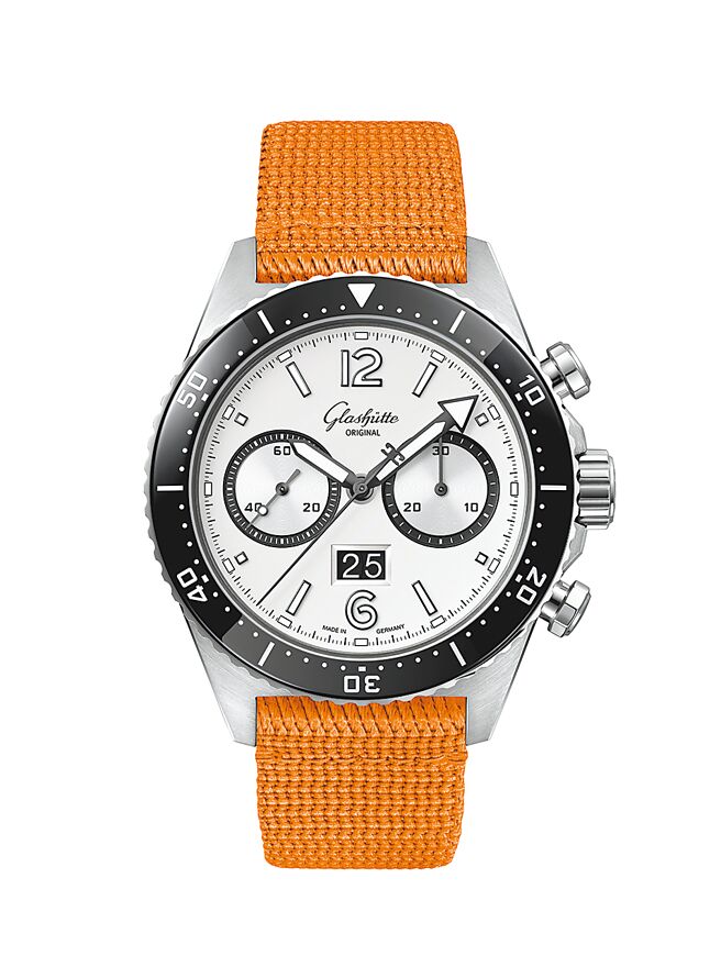 格拉苏蒂原创「银幕」计时码表，橘色尼龙编织表带款47万元。（Glashuette Original提供）