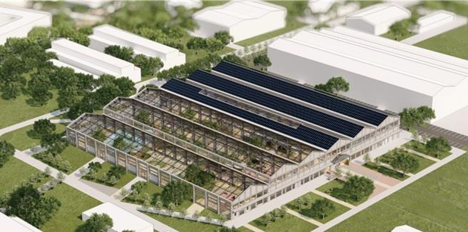 台铁机厂屋顶结构外观（模拟图）。（高雄市工务局提供／洪靖宜高雄传真）