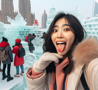 哈尔滨冰雕布满血印 竟是妹子舔到舌头拔不下来